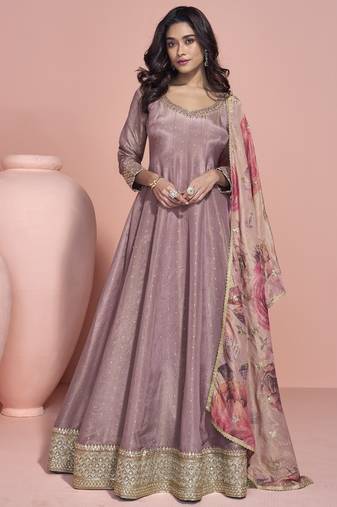 lavender viscose readymade anarkali suit with embroidery work