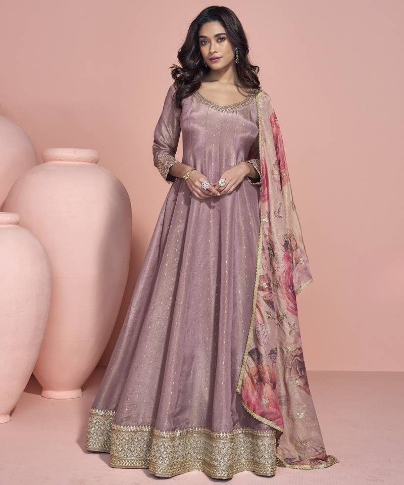 lavender viscose readymade anarkali suit with embroidery work