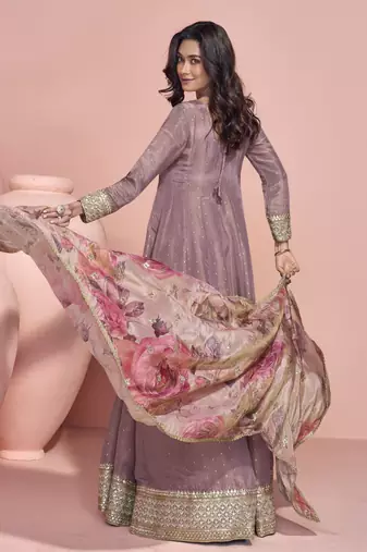 lavender viscose readymade anarkali suit with embroidery work