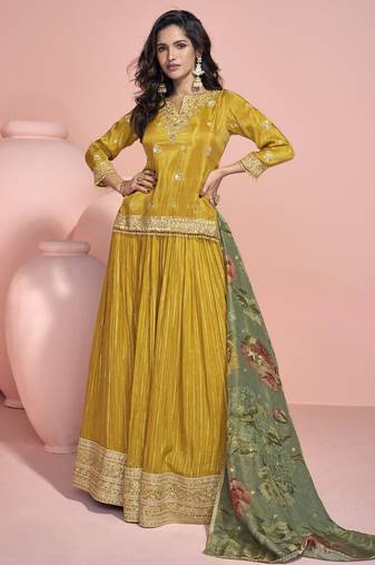 Mustard viscose readymade suit with embroidery work