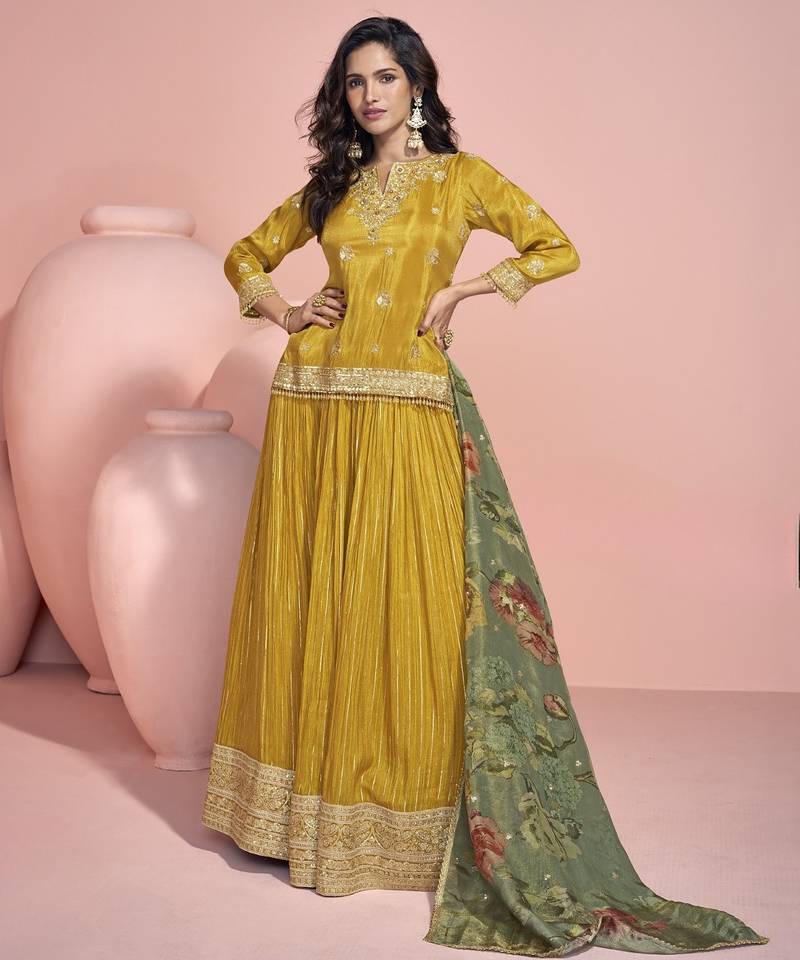 Mustard viscose readymade suit with embroidery work