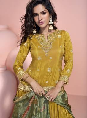 Mustard viscose readymade suit with embroidery work 2