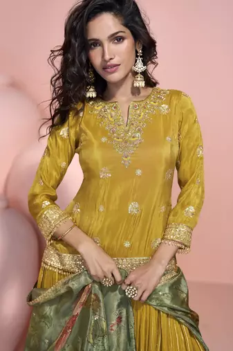 Mustard viscose readymade suit with embroidery work