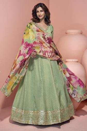Sage viscose readymade anarkali suit with embroidery work