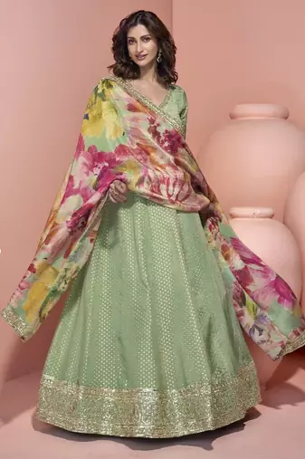 Sage viscose readymade anarkali suit with embroidery work