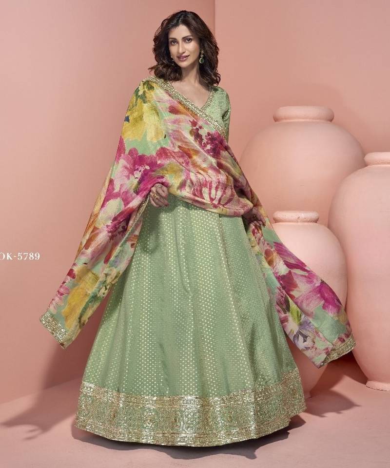 Sage viscose readymade anarkali suit with embroidery work