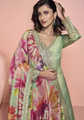 Sage viscose readymade anarkali suit with embroidery work 2