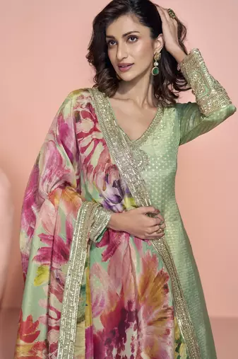Sage viscose readymade anarkali suit with embroidery work