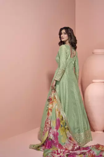 Sage viscose readymade anarkali suit with embroidery work