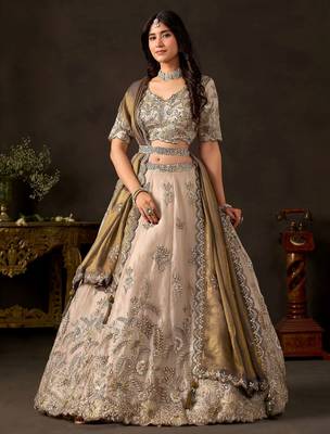 Graceful Cream Embroidered Silk Bridesmaid Wear Lehenga Choli 1