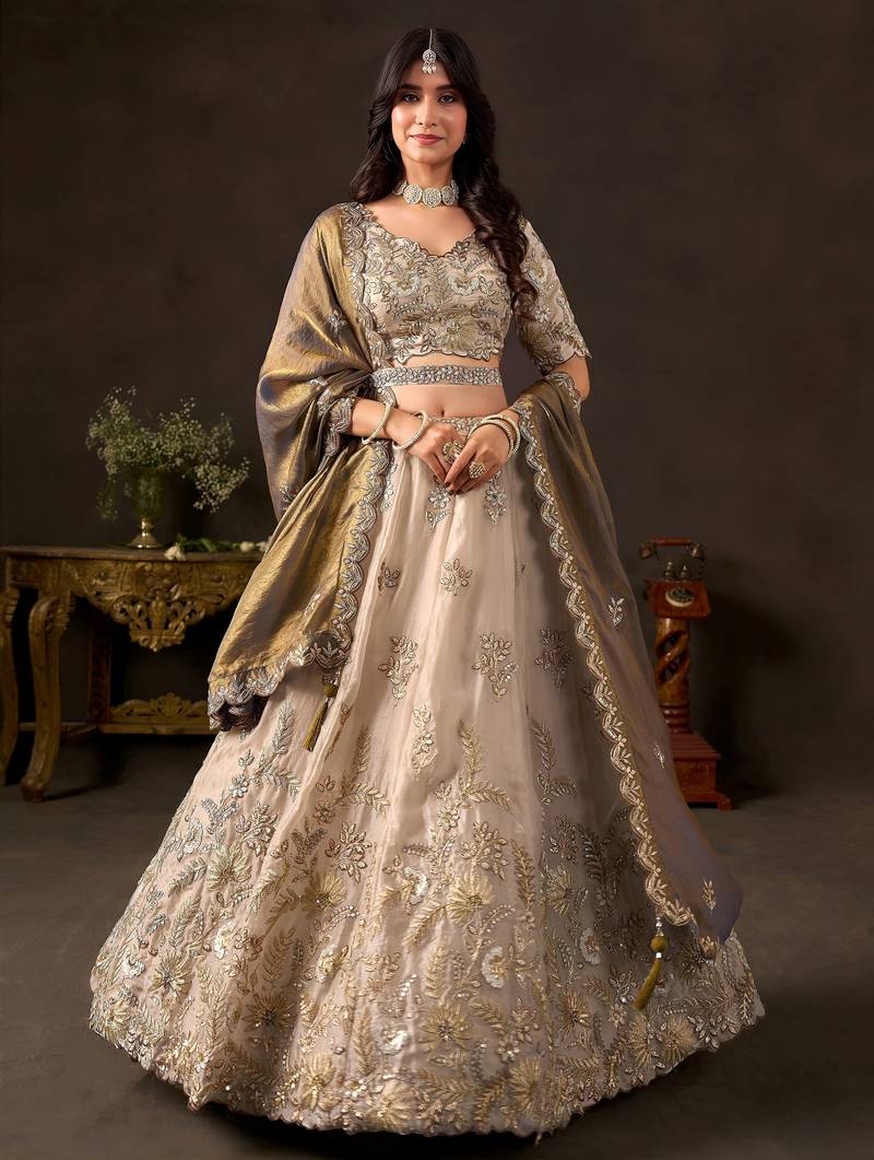 Graceful Cream Embroidered Silk Bridesmaid Wear Lehenga Choli