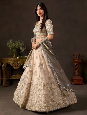 Graceful Cream Embroidered Silk Bridesmaid Wear Lehenga Choli 3