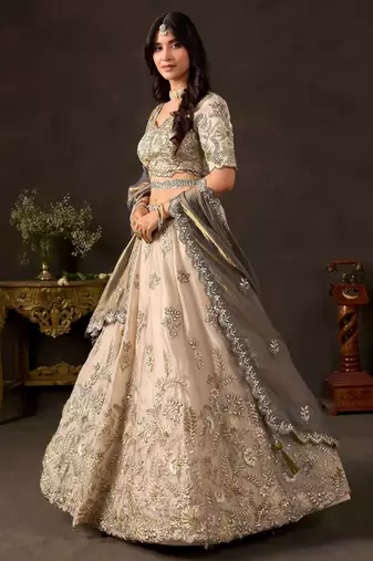 Graceful Cream Embroidered Silk Bridesmaid Wear Lehenga Choli