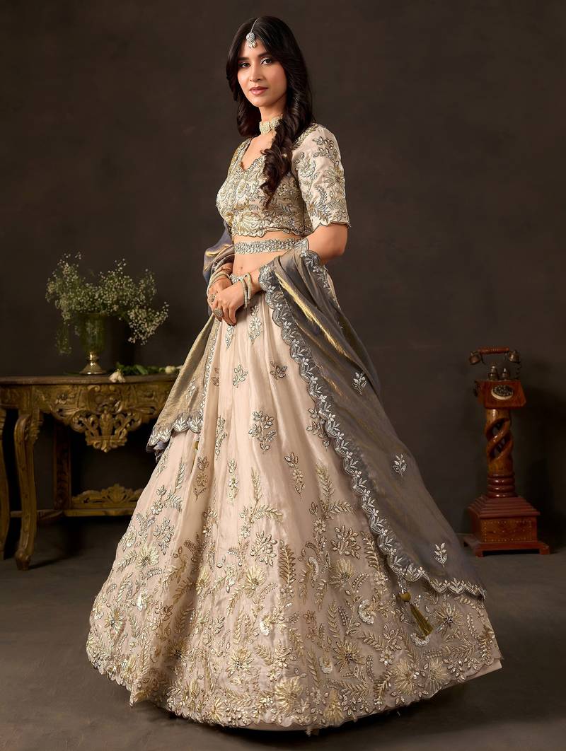 Graceful Cream Embroidered Silk Bridesmaid Wear Lehenga Choli