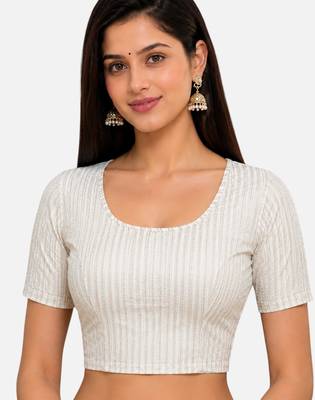 White spandex golden zari straight line stretchable readymade saree blouse 1