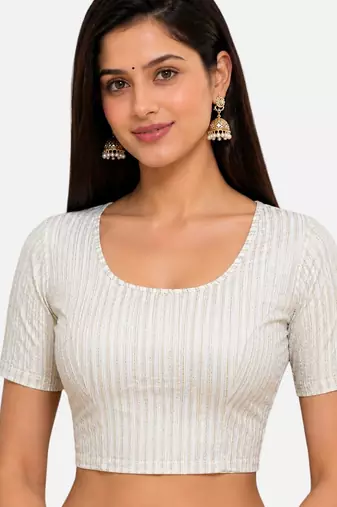 White spandex golden zari straight line stretchable readymade saree blouse