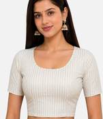 White spandex golden zari straight line stretchable readymade saree blouse