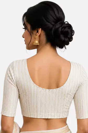 White spandex golden zari straight line stretchable readymade saree blouse