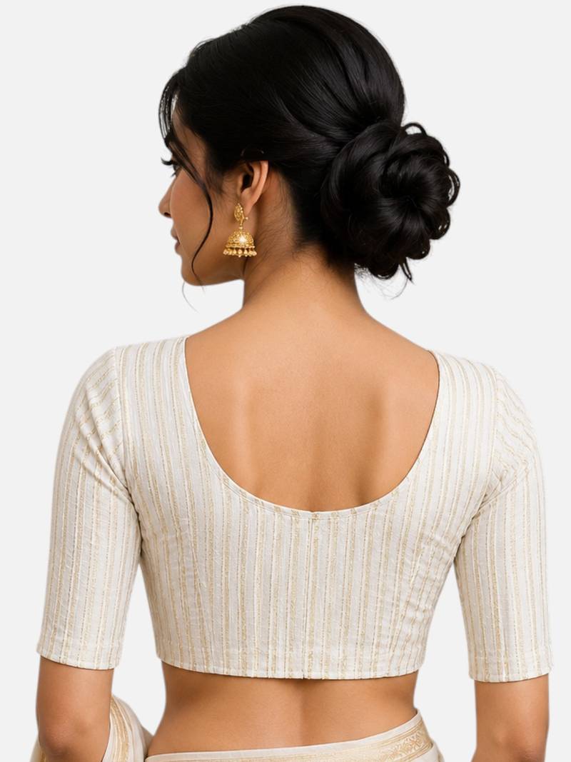 White spandex golden zari straight line stretchable readymade saree blouse