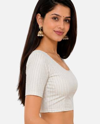 White spandex golden zari straight line stretchable readymade saree blouse 3