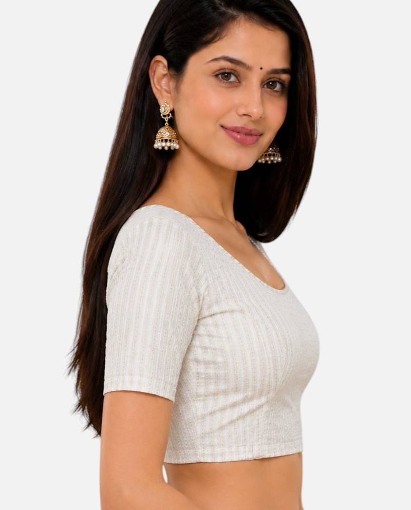 White spandex golden zari straight line stretchable readymade saree blouse