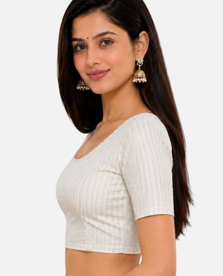 White spandex golden zari straight line stretchable readymade saree blouse 4