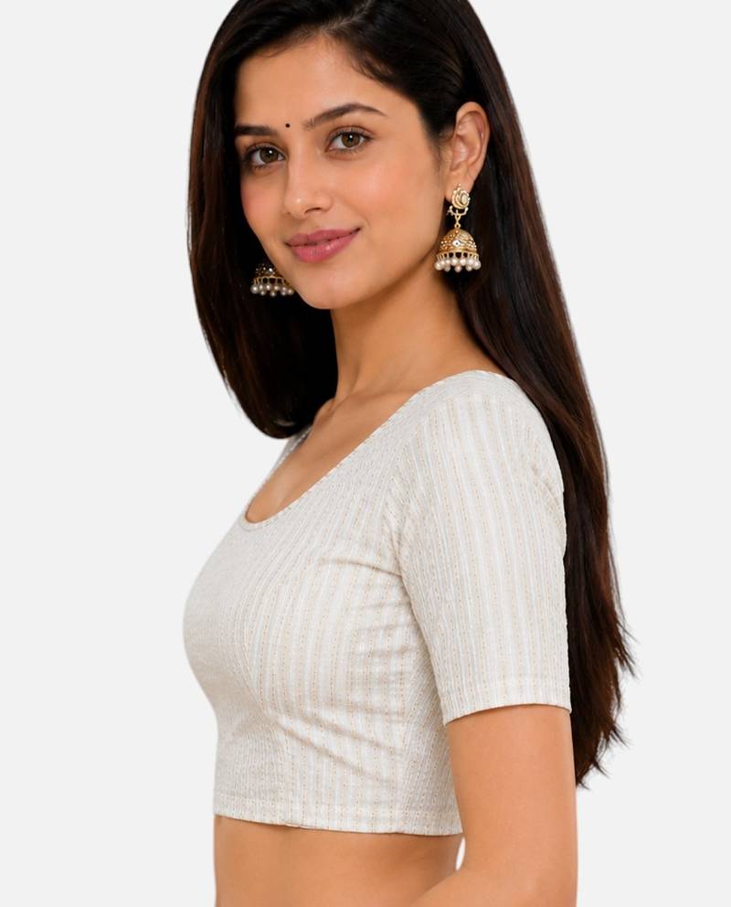 White spandex golden zari straight line stretchable readymade saree blouse