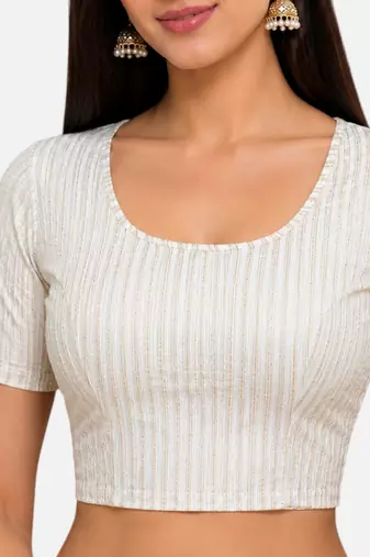 White spandex golden zari straight line stretchable readymade saree blouse