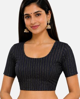 Navy blue spandex golden zari straight line stretchable readymade saree blouse 1