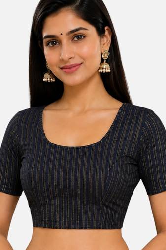 Navy blue spandex golden zari straight line stretchable readymade saree blouse