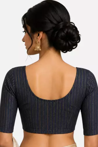 Navy blue spandex golden zari straight line stretchable readymade saree blouse