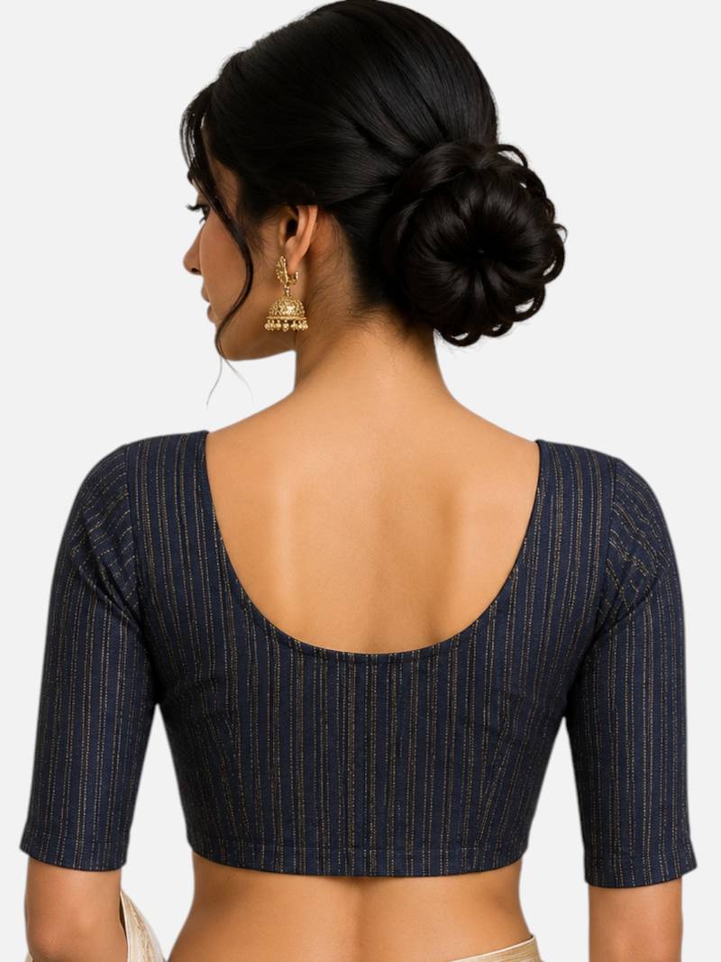 Navy blue spandex golden zari straight line stretchable readymade saree blouse