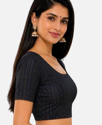 Navy blue spandex golden zari straight line stretchable readymade saree blouse 3