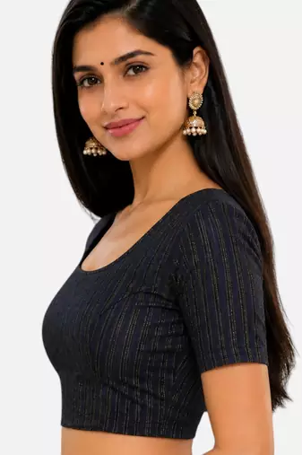 Navy blue spandex golden zari straight line stretchable readymade saree blouse