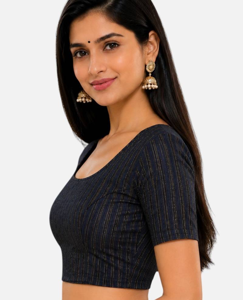 Navy blue spandex golden zari straight line stretchable readymade saree blouse