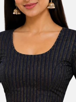 Navy blue spandex golden zari straight line stretchable readymade saree blouse 5