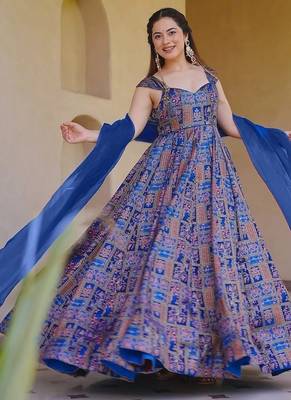 Blue silk digitally printed party-wear readymade gown with dupatta 1
