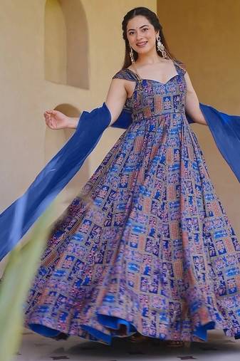 Blue silk digitally printed party-wear readymade gown with dupatta