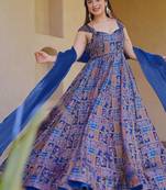 Blue silk digitally printed party-wear readymade gown with dupatta