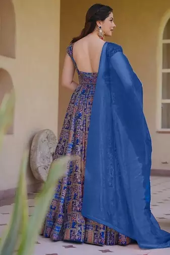Blue silk digitally printed party-wear readymade gown with dupatta