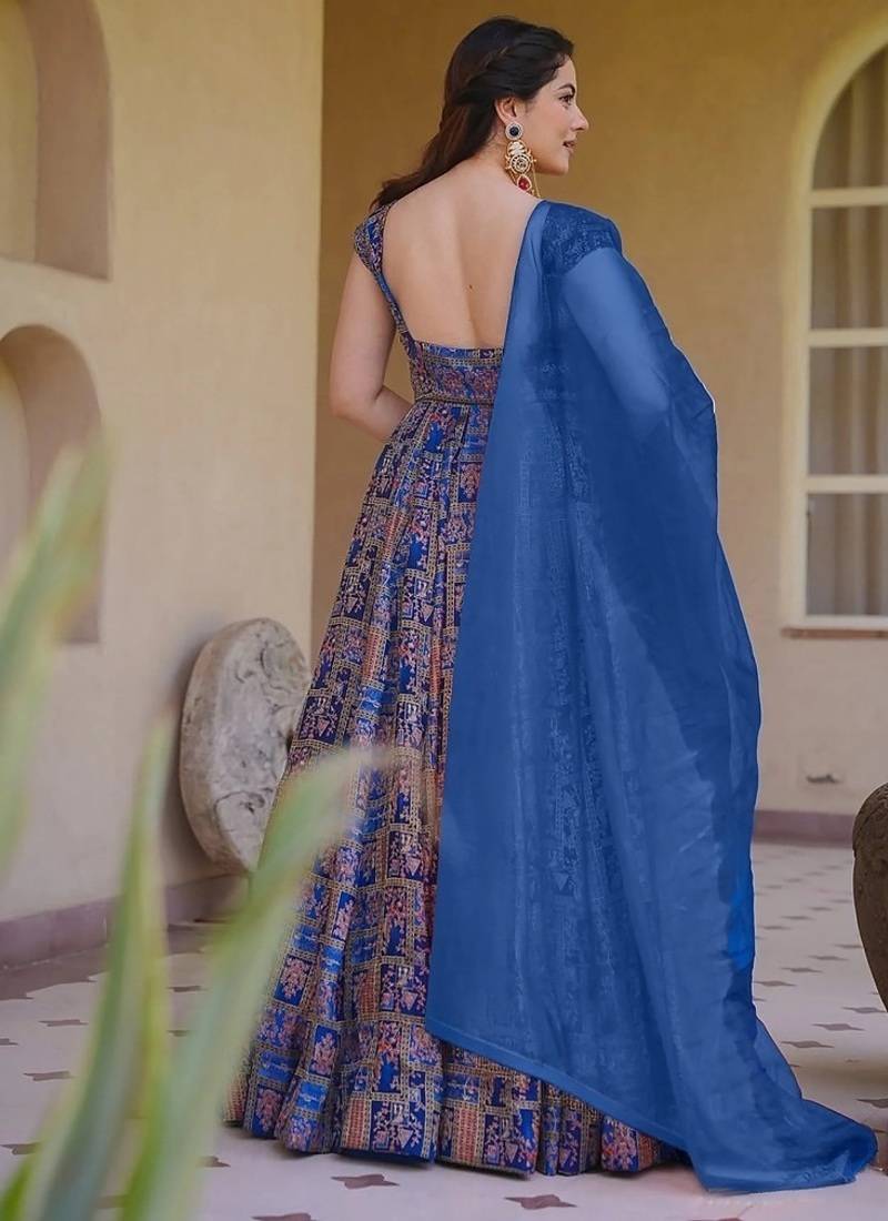 Blue silk digitally printed party-wear readymade gown with dupatta