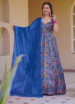 Blue silk digitally printed party-wear readymade gown with dupatta 3
