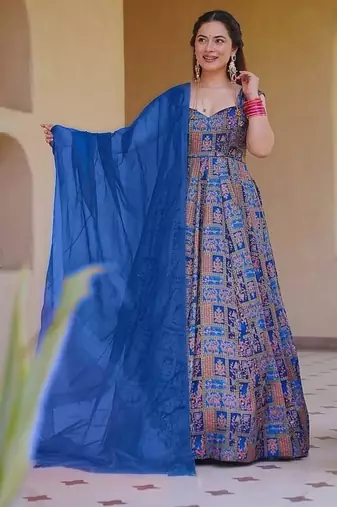 Blue silk digitally printed party-wear readymade gown with dupatta