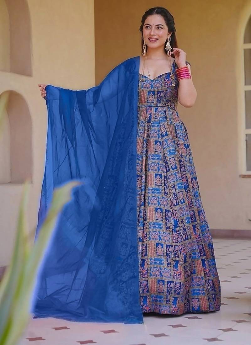 Blue silk digitally printed party-wear readymade gown with dupatta