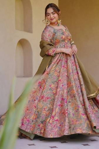 Mauve silk digitally printed party-wear readymade gown with dupatta