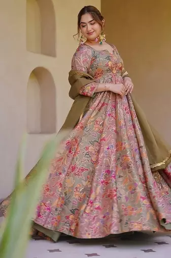 Mauve silk digitally printed party-wear readymade gown with dupatta