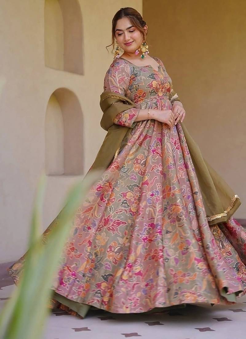 Mauve silk digitally printed party-wear readymade gown with dupatta