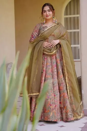 Mauve silk digitally printed party-wear readymade gown with dupatta