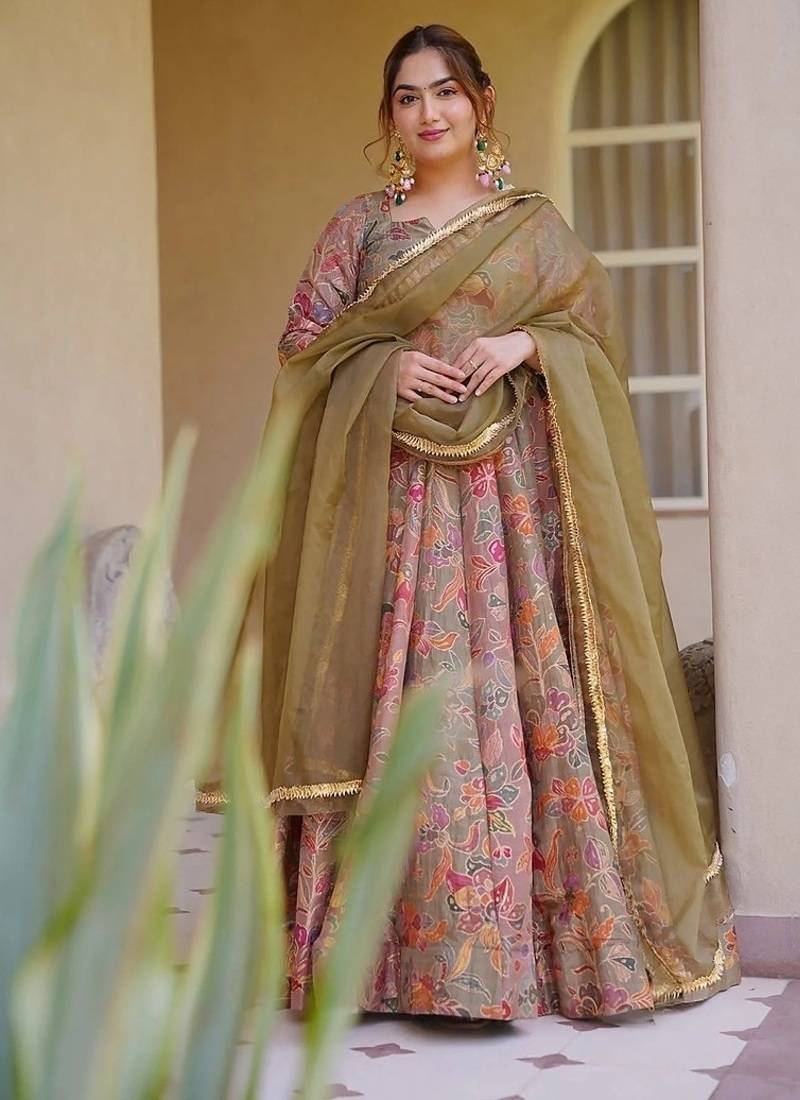 Mauve silk digitally printed party-wear readymade gown with dupatta