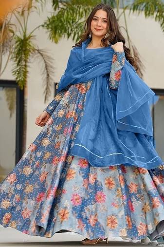 Steel blue silk digitally printed party-wear readymade gown with dupatta